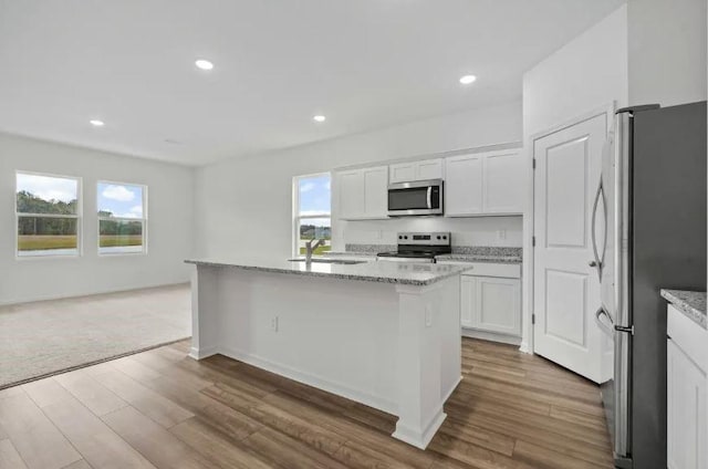 129 Bridgeview Dr, Hutto, TX 78634 - kitchen featuring appliances with stainless steel finishes, a sink, wood finished floors, white cabinetry, and recessed lighting