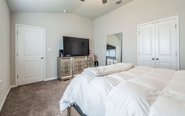 1678 Woodlands Dr, Kyle, TX 78640 - carpeted bedroom featuring vaulted ceiling, ceiling fan, and a closet