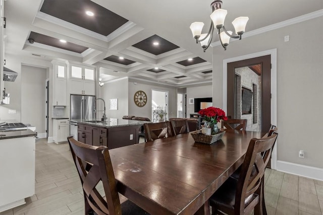 dining area with a chandelier, light wood finished floors, beam ceiling, coffered ceiling, and baseboards