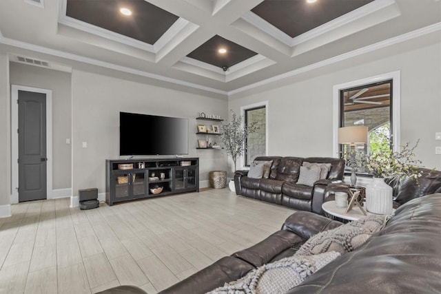 living area featuring beamed ceiling, crown molding, coffered ceiling, baseboards, and wood finished floors