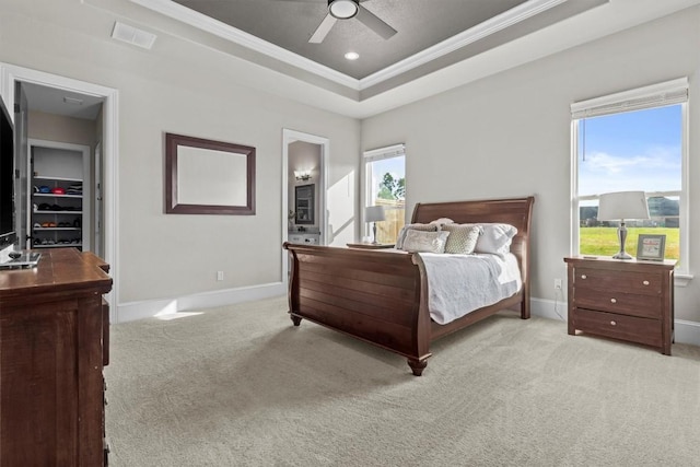 bedroom featuring crown molding, carpet, multiple windows, baseboards, and a raised ceiling