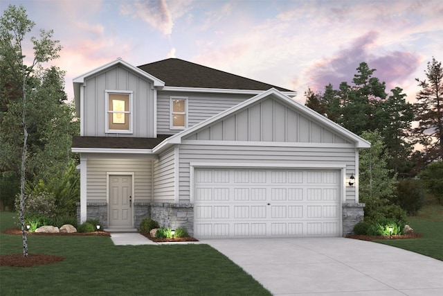 209 Escape Way, Jarrell, TX 76537 - view of front facade with stone siding, board and batten siding, concrete driveway, a lawn, and roof with shingles