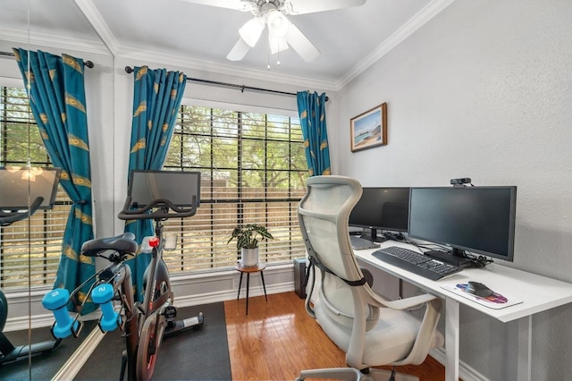 4159 Steck Ave Unit 162, Austin, TX 78759 - office space featuring ceiling fan, crown molding, wood finished floors, and baseboards
