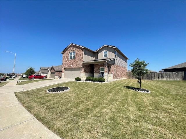 19900 Hubert R Humphrey Rd, Manor, TX 78653 - traditional-style home with an attached garage, concrete driveway, brick siding, board and batten siding, and stone siding