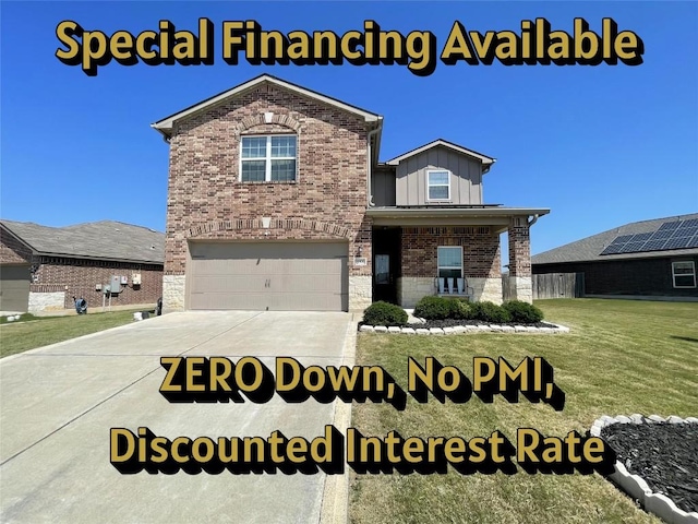 19900 Hubert R Humphrey Rd, Manor, TX 78653 - view of front facade featuring board and batten siding, a front lawn, an attached garage, brick siding, and concrete driveway