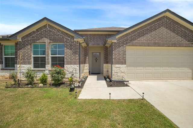 109 Egret Dr, Bastrop, TX 78602 - ranch-style house with brick siding, a front yard, stone siding, a garage, and driveway