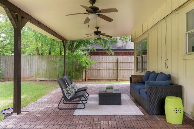 9325 Linkmeadow Dr, Austin, TX 78748 - view of patio / terrace with an outdoor hangout area and a ceiling fan