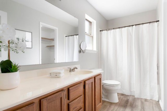 9325 Linkmeadow Dr, Austin, TX 78748 - bathroom with toilet, vanity, wood finished floors, and a shower with curtain
