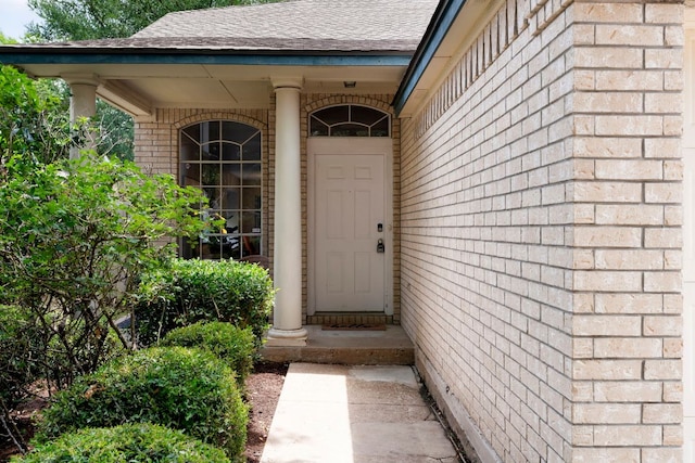 9325 Linkmeadow Dr, Austin, TX 78748 - view of exterior entry featuring brick siding and roof with shingles