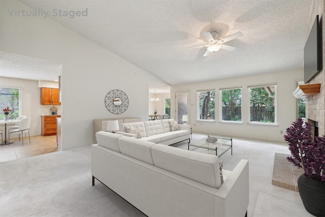 13204 Tamayo Dr, Austin, TX 78729 - living room featuring a textured ceiling, light carpet, ceiling fan, a brick fireplace, and vaulted ceiling