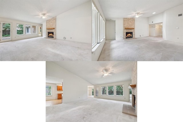 13204 Tamayo Dr, Austin, TX 78729 - unfurnished living room featuring a fireplace, carpet flooring, ceiling fan, and vaulted ceiling