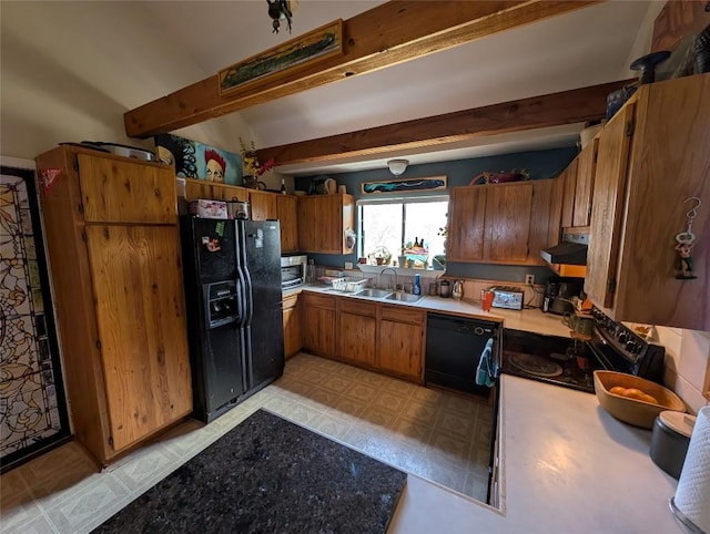 13603 Overland Pass, Bee Cave, TX 78738 - kitchen featuring black appliances, under cabinet range hood, a sink, beamed ceiling, and light flooring