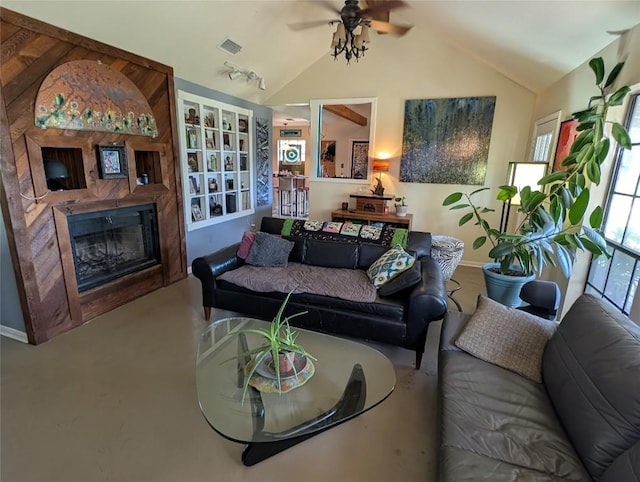 13603 Overland Pass, Bee Cave, TX 78738 - living room with vaulted ceiling, ceiling fan, baseboards, and a glass covered fireplace