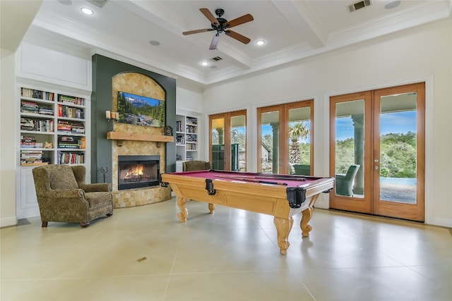 4908 Canyon Ranch Trl, Spicewood, TX 78669 - rec room featuring crown molding, french doors, a large fireplace, beam ceiling, and pool table