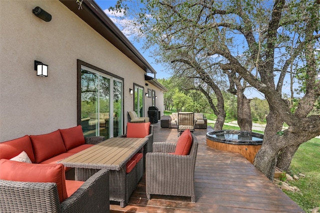 4908 Canyon Ranch Trl, Spicewood, TX 78669 - wooden deck with an outdoor hangout area and a hot tub