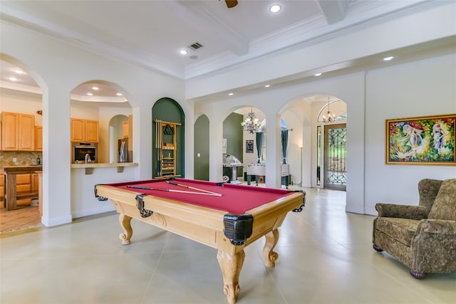 4908 Canyon Ranch Trl, Spicewood, TX 78669 - game room featuring recessed lighting, ornamental molding, beamed ceiling, billiards, and a chandelier