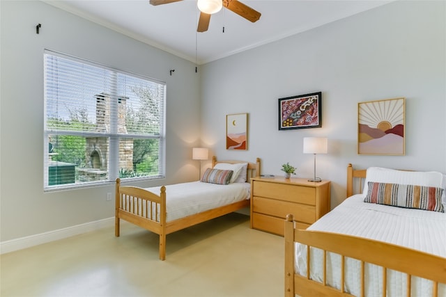 4908 Canyon Ranch Trl, Spicewood, TX 78669 - bedroom featuring baseboards, crown molding, and a ceiling fan