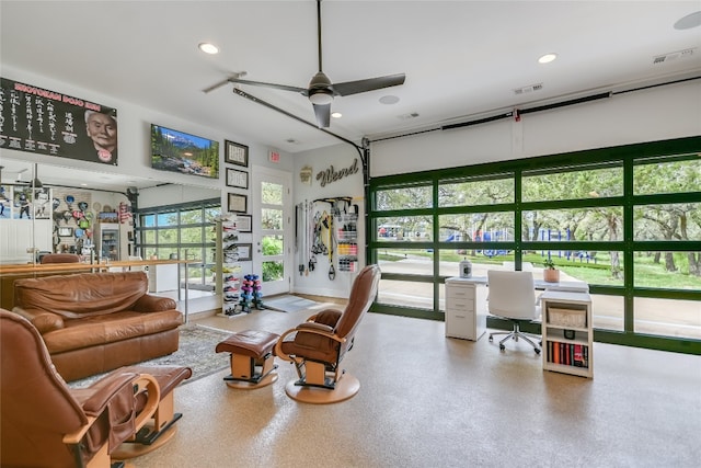 4908 Canyon Ranch Trl, Spicewood, TX 78669 - living area featuring an office area, a ceiling fan, recessed lighting, and a towering ceiling
