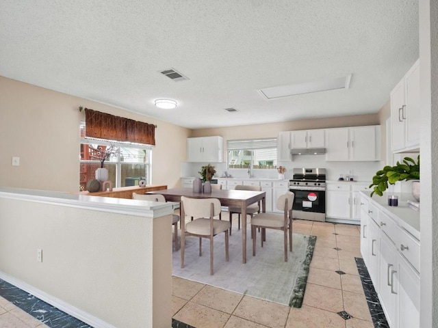 2727 High Point Dr, Round Rock, TX 78664 - kitchen with stainless steel stove, under cabinet range hood, white cabinetry, a textured ceiling, and light countertops