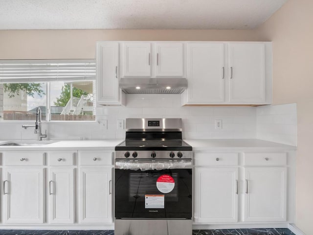 2727 High Point Dr, Round Rock, TX 78664 - kitchen with electric range, range hood, a sink, and white cabinets