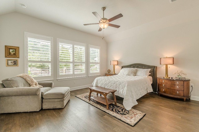 305 Dashing Sycamore St, San Marcos, TX 78666 - bedroom featuring vaulted ceiling, wood finished floors, baseboards, and a ceiling fan