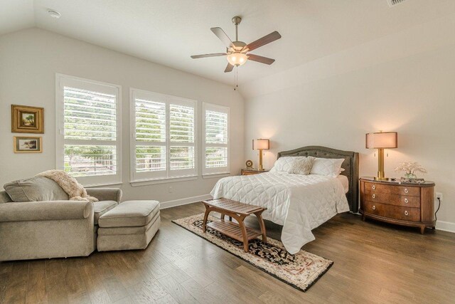 305 Dashing Sycamore St, San Marcos, TX 78666 - bedroom with vaulted ceiling, wood finished floors, baseboards, and a ceiling fan