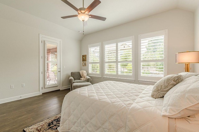 305 Dashing Sycamore St, San Marcos, TX 78666 - bedroom with access to outside, wood finished floors, baseboards, lofted ceiling, and ceiling fan