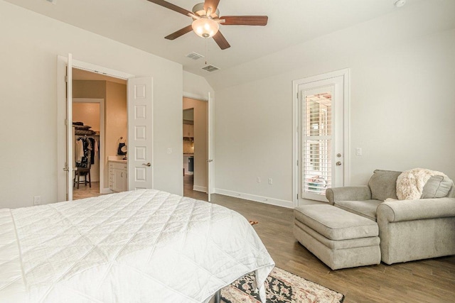 305 Dashing Sycamore St, San Marcos, TX 78666 - bedroom with wood finished floors, access to outside, baseboards, lofted ceiling, and a ceiling fan