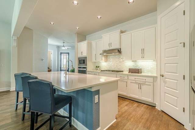 305 Dashing Sycamore St, San Marcos, TX 78666 - kitchen featuring stainless steel appliances, under cabinet range hood, light wood-style floors, tasteful backsplash, and white cabinetry