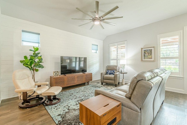 305 Dashing Sycamore St, San Marcos, TX 78666 - living area with wood finished floors, a ceiling fan, baseboards, healthy amount of natural light, and lofted ceiling