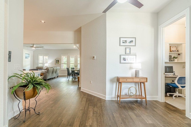 305 Dashing Sycamore St, San Marcos, TX 78666 - hall featuring wood finished floors, a desk, baseboards, and recessed lighting