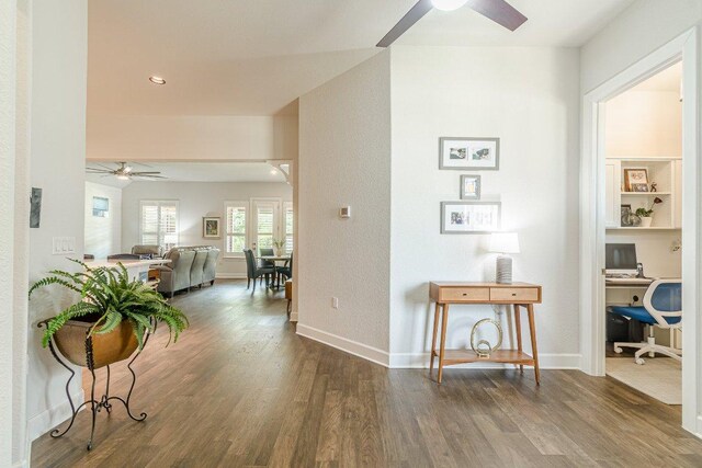 305 Dashing Sycamore St, San Marcos, TX 78666 - hall featuring wood finished floors, an office area, baseboards, and recessed lighting