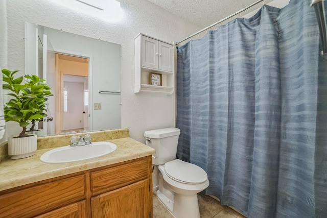 409 Mountain Laurel Dr, Cedar Park, TX 78613 - bathroom featuring toilet, vanity, tile patterned floors, a textured ceiling, and a shower with curtain
