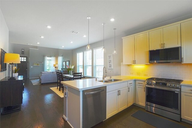 2207 Land Grant Way, Round Rock, TX 78664 - kitchen with appliances with stainless steel finishes, light countertops, a peninsula, decorative backsplash, and open floor plan