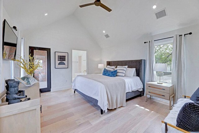 1601 Woodlawn Blvd, Austin, TX 78703 - bedroom with light wood finished floors, high vaulted ceiling, a ceiling fan, recessed lighting, and connected bathroom