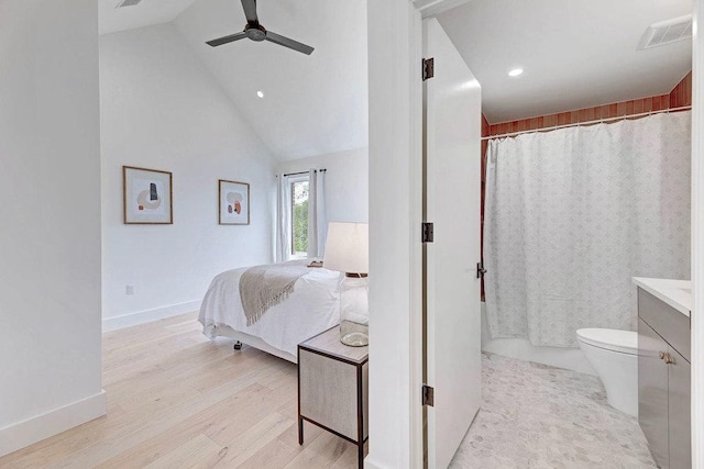 1601 Woodlawn Blvd, Austin, TX 78703 - bedroom with recessed lighting, wood finished floors, high vaulted ceiling, baseboards, and a ceiling fan