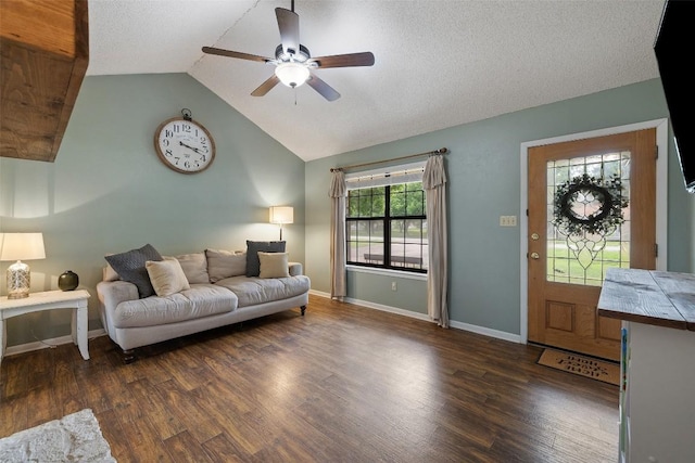 506 S Main St, Thrall, TX 76578 - living room with ceiling fan, lofted ceiling, dark wood-style floors, and baseboards