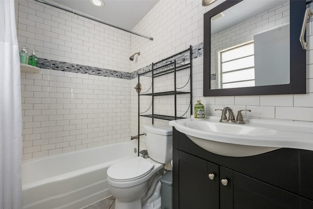 1715 Bluebonnet Ln, Austin, TX 78704 - bathroom featuring toilet, shower / tub combo, vanity, tile walls, and backsplash