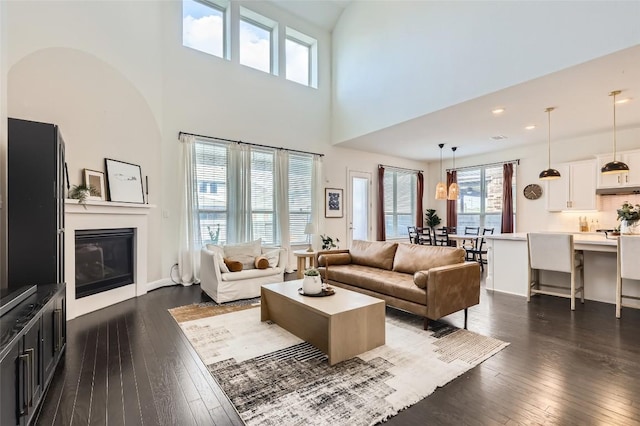 4116 Brean Down Rd, Pflugerville, TX 78660 - living room with dark wood-style flooring, a towering ceiling, and a glass covered fireplace