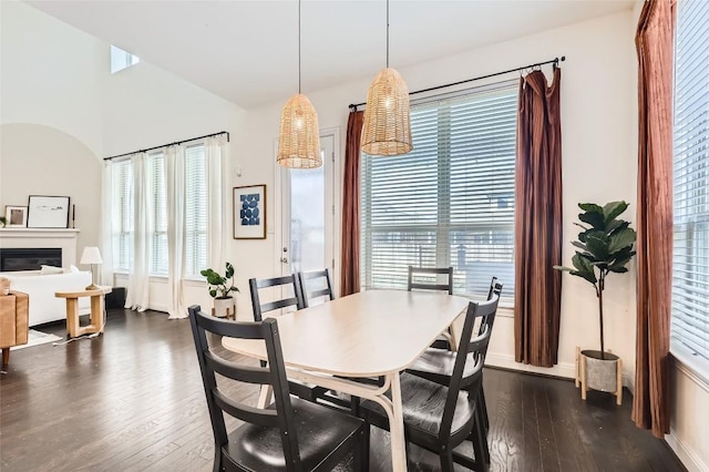 4116 Brean Down Rd, Pflugerville, TX 78660 - dining area featuring dark wood-type flooring, plenty of natural light, and a glass covered fireplace
