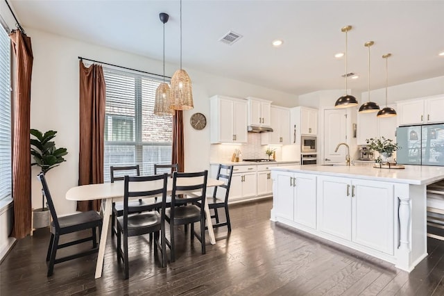 4116 Brean Down Rd, Pflugerville, TX 78660 - kitchen with under cabinet range hood, appliances with stainless steel finishes, dark wood-style flooring, tasteful backsplash, and recessed lighting