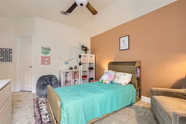 4116 Brean Down Rd, Pflugerville, TX 78660 - bedroom featuring light colored carpet, ceiling fan, lofted ceiling, and baseboards