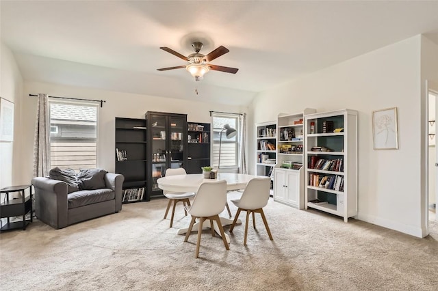 4116 Brean Down Rd, Pflugerville, TX 78660 - carpeted dining room with a ceiling fan, baseboards, and lofted ceiling