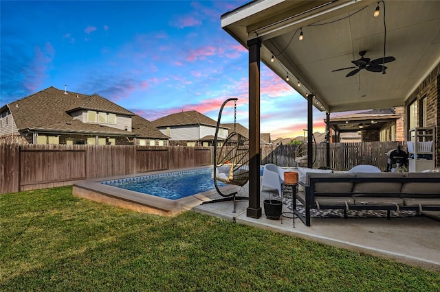 4116 Brean Down Rd, Pflugerville, TX 78660 - pool at dusk with a ceiling fan and a patio area