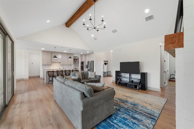 332 Claremont Dr, Belton, TX 76513 - living area with a chandelier, beamed ceiling, light wood-style floors, high vaulted ceiling, and recessed lighting
