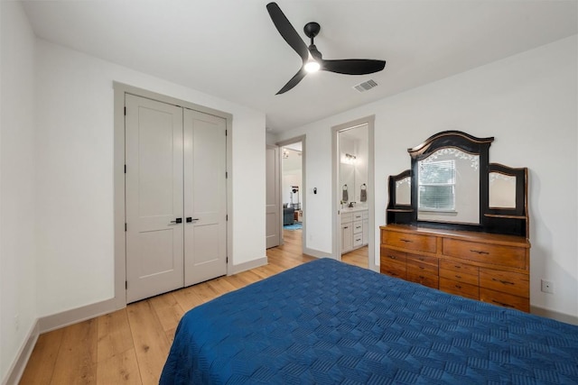 332 Claremont Dr, Belton, TX 76513 - bedroom featuring light wood finished floors, baseboards, ceiling fan, and connected bathroom