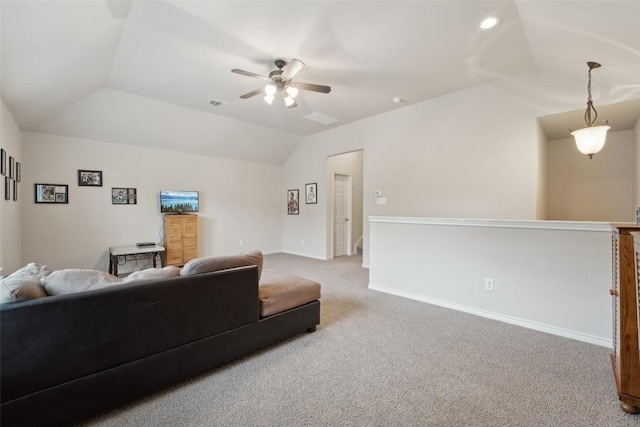 722 Tom Kite Dr, Round Rock, TX 78664 - living room with lofted ceiling, ceiling fan, carpet, and baseboards