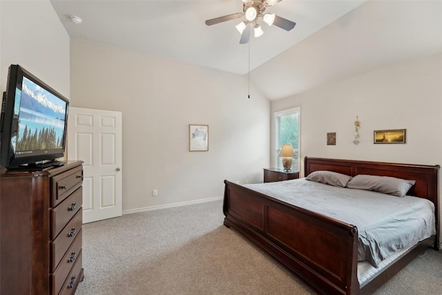 722 Tom Kite Dr, Round Rock, TX 78664 - bedroom with light colored carpet, lofted ceiling, baseboards, and ceiling fan