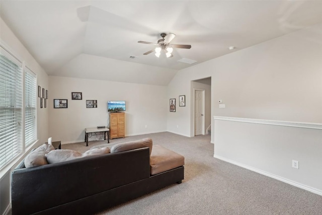 722 Tom Kite Dr, Round Rock, TX 78664 - living area with ceiling fan, carpet floors, vaulted ceiling, and baseboards