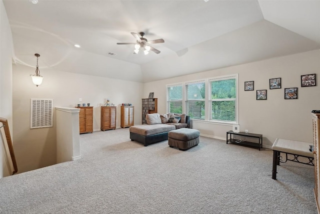 722 Tom Kite Dr, Round Rock, TX 78664 - living area featuring ceiling fan, carpet flooring, lofted ceiling, and baseboards